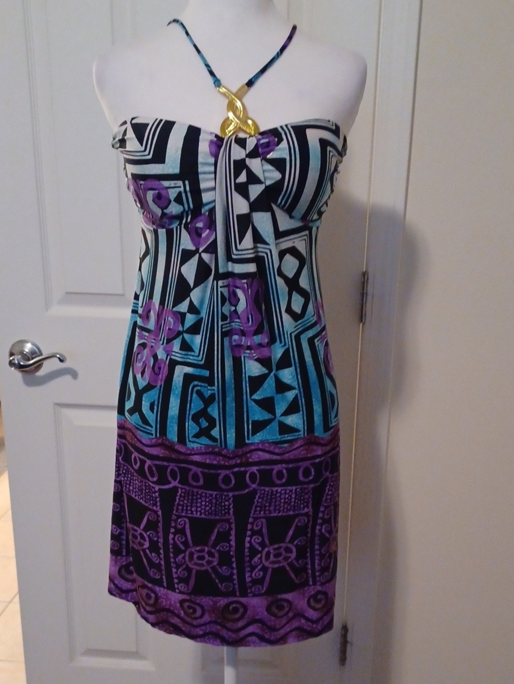 JuJu  & B, Purple & Black Geometric Halter Dress with Gold Accent
